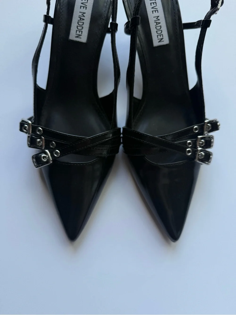 Steve Madden Women’s Black Pointed Slingback Kitten Heels with Buckle Straps